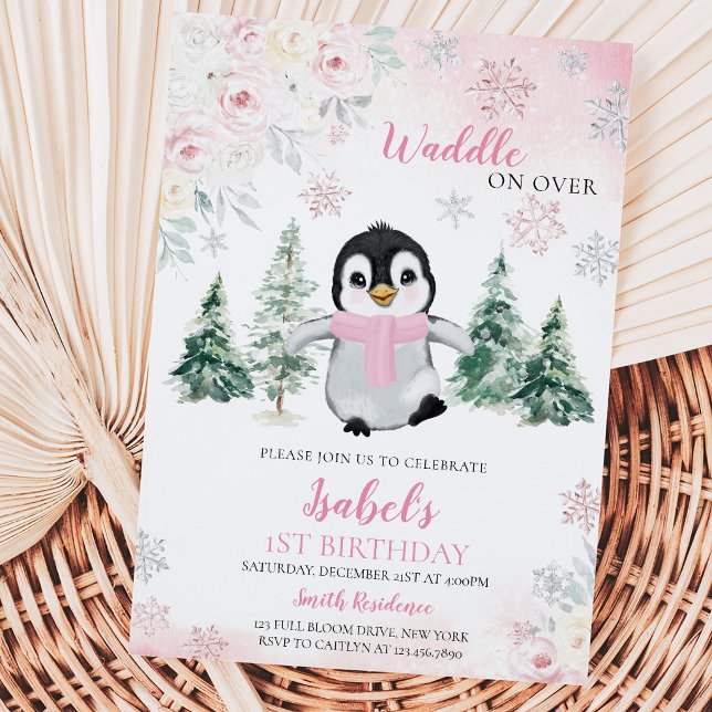 Convite Festa de Aniversário do Pinguim de Inverno Rosa (Criador carregado)