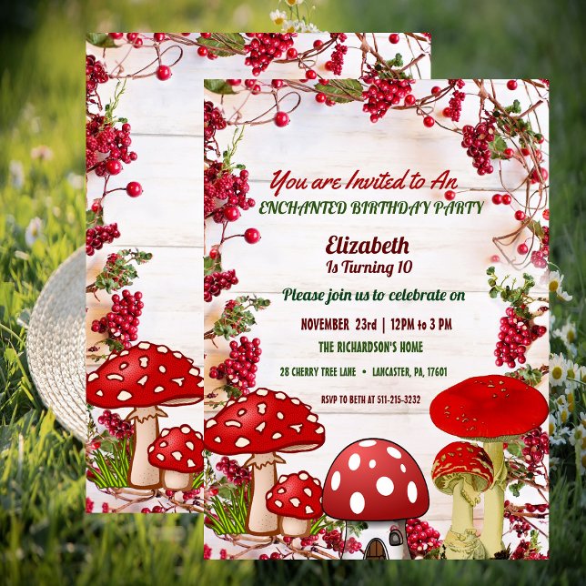 Convite Festa de aniversário do Red Berry Garden (Red Berry Garden Toadstool Kid's Birthday Party Invitation)