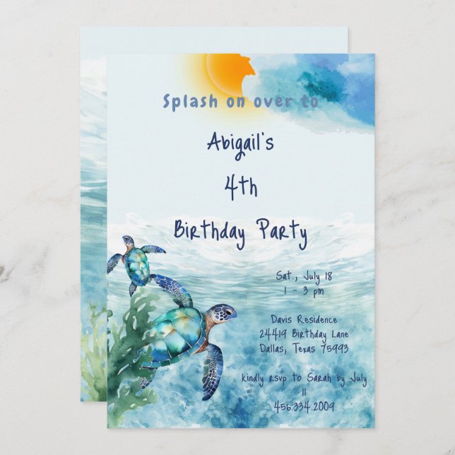 Convite Festa de aniversário do Sea Turtle Kid (Frente/Verso)