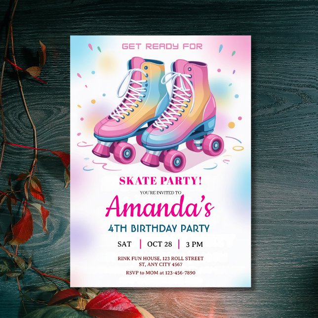 Convite Festa de aniversário do Skate do cilindro do arco- (Retro Rainbow Roller Skate Birthday Party Invitation
)