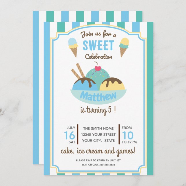 Convite Festa de aniversário do Sorvete Verde Azul (Frente/Verso)