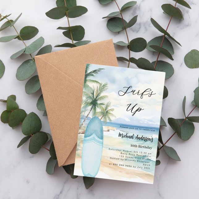 Convite festa de aniversário do surfboard surf na praia (Criador carregado)