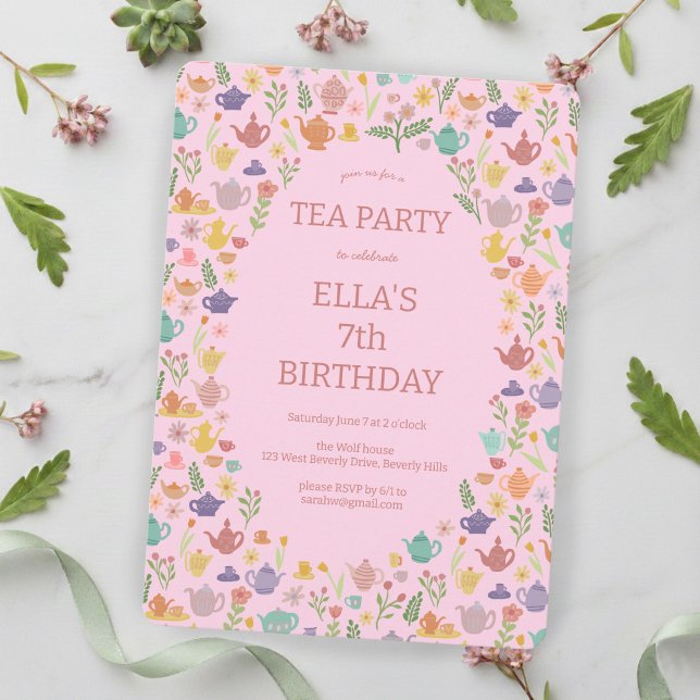 Convite Festa de Aniversário do Tea, Fita Personalizada, C (Tea Party Birthday Cute Custom Colorful Floral Invitation
)