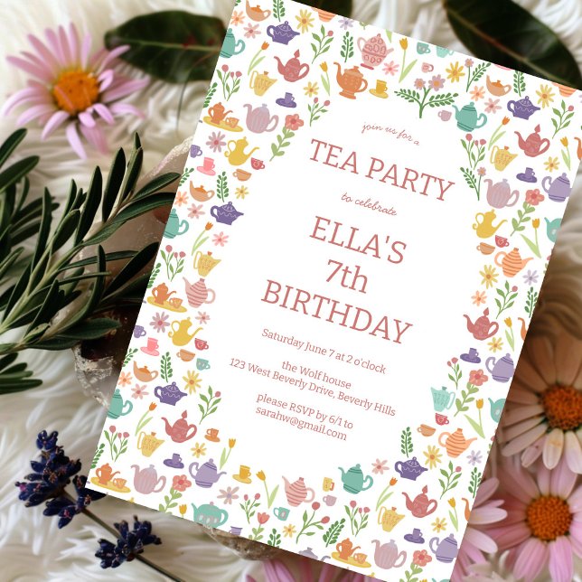 Convite Festa de Aniversário do Tea, Fita Personalizada, C (Tea Party Birthday Cute Custom Colorful Floral Invitation
)