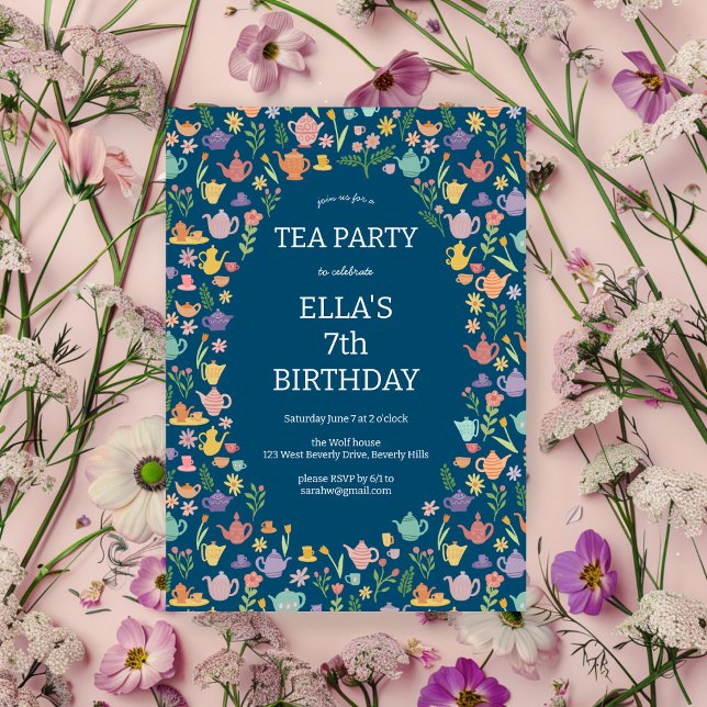 Convite Festa de Aniversário do Tea, Fita Personalizada, C (Tea Party Birthday Cute Custom Colorful Floral Invitation
)