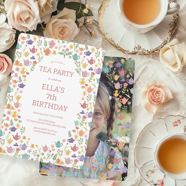 Convite Festa de Aniversário do Tea Party - Foto Personali (Tea Party Birthday Cute Custom PHOTO Hand-drawn Invitation
)