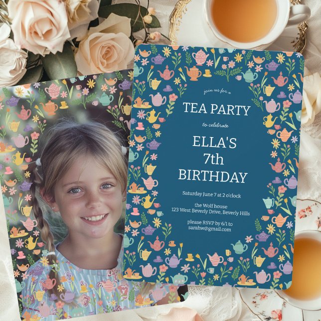 Convite Festa de Aniversário do Tea Party - Foto Personali (Tea Party Birthday Party Cute Floral Spring Custom PHOTO Invitation
)