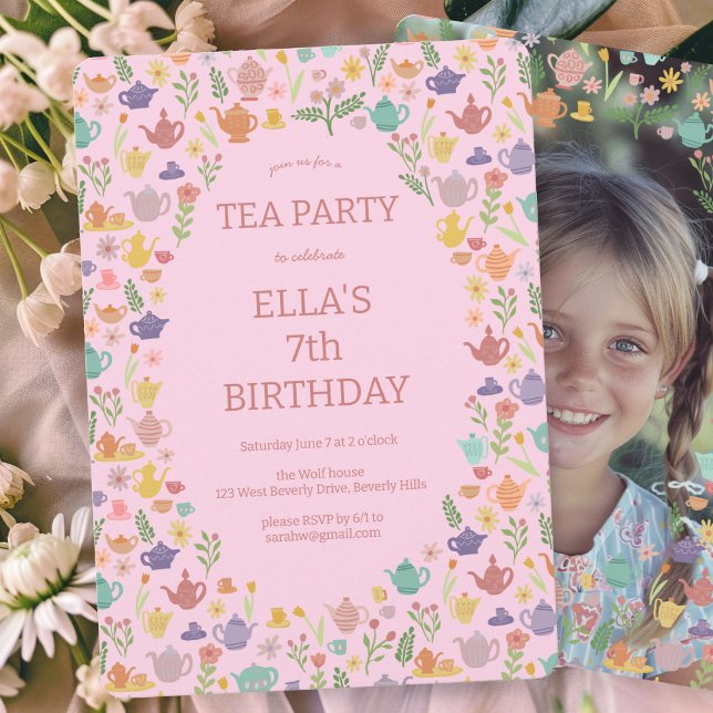 Convite Festa de Aniversário do Tea Party - Foto Personali (Tea Party Birthday Cute Custom PHOTO Invitation Pink Girlie Cute Sweet 
)