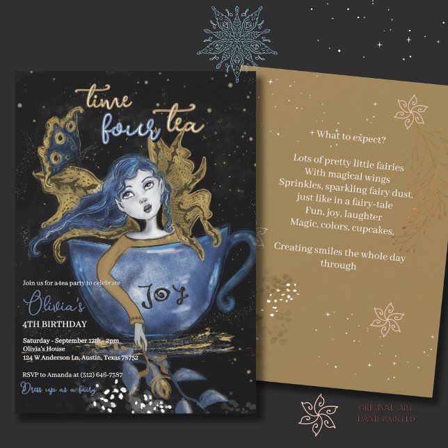 Convite Festa de Aniversário do Teacup de Fada Dourada Mag (Magical Blue Gold Fairy Teacup Birthday Tea Party Invitation)