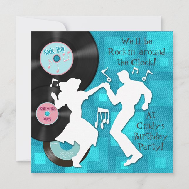 Convite festa de aniversário do tema da década de 50 (Frente)