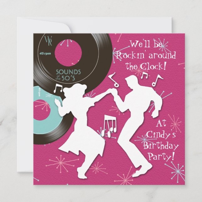Convite festa de aniversário do tema da década de 50 (Frente)