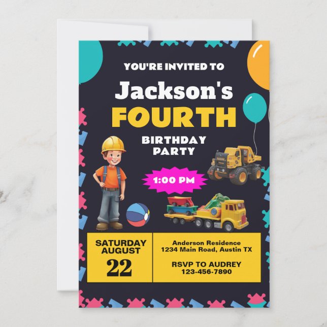 Convite Festa de aniversário do Tema de Construção (Frente)