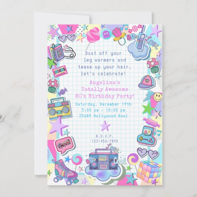 Convite festa de aniversário do tema do anos 80, parte do  (Frente)