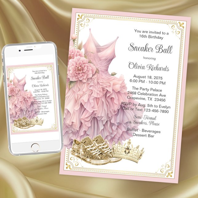 Convite Festa de Aniversário do Tênis Rosa Dourado  (Pink gold sneaker ball invitation. Instant download and printed invitations available.)