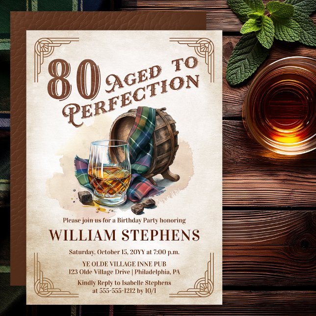 Convite Festa de Aniversário do Uísque Escocês Aged to Per (Aged to Perfection 90th Birthday Party Scotch Whiskey Invitation for Men)
