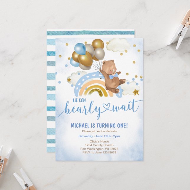 Convite Festa de aniversário do Urso do Balão Azul e Doura (Frente/Verso In Situ)