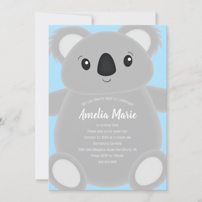 Convite Festa de aniversário do Urso Koala Azul (Frente)