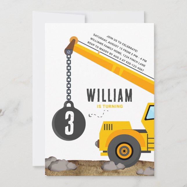 Convite Festa de aniversário do veículo com grua de constr (Frente)