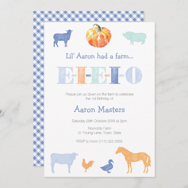 Convite FESTA DE ANIVERSÁRIO do velho MacDonald Pumpkin Bo (Frente/Verso)