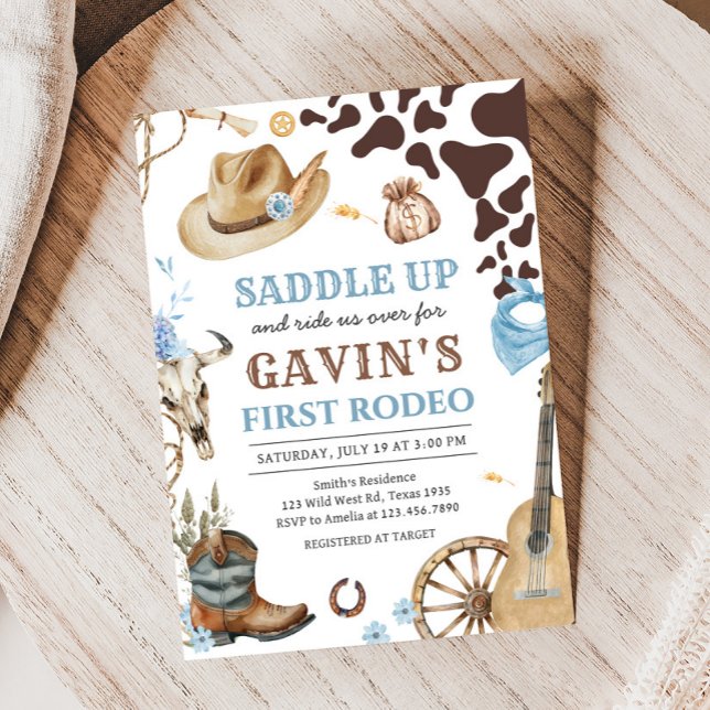Convite Festa de aniversário do West Cowboy First Rodeo (Western Cowboy Saddle Up First Rodeo Birthday Party Invitation)