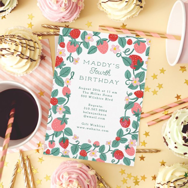 Convite Festa de aniversário doce de morango ilustrada (Criador carregado)
