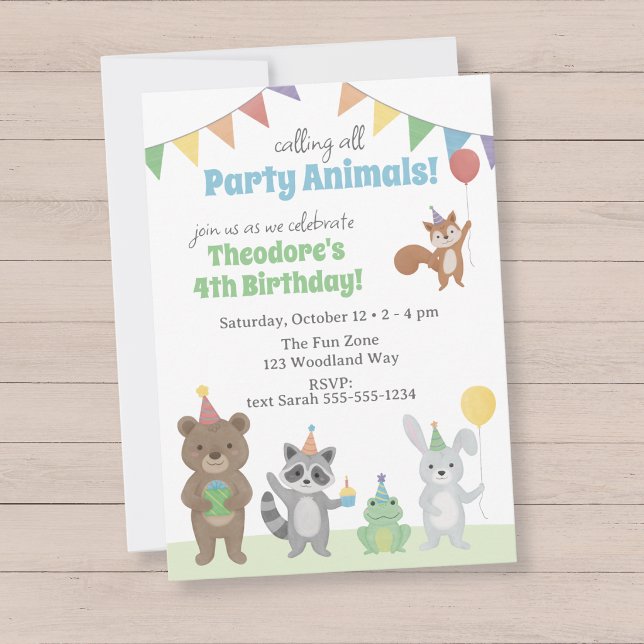 Convite Festa de Aniversário dos Animais da Festa (Party Animals Birthday Party Invitation with forest animals wearing party hats)