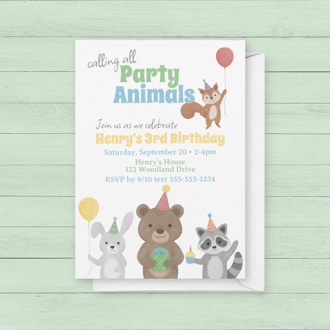 Convite Festa de Aniversário dos Animais da Floresta (Forest Friends Birthday Party Invitation. Calling all party animals!)