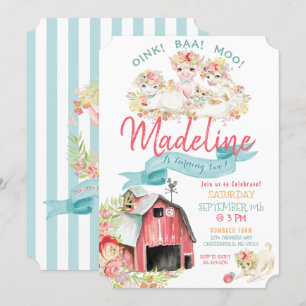 Convite Festa de aniversário dos animais de fazenda do