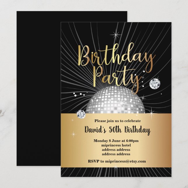 Convite festa de aniversário dos anos 70, festa da discote (Frente/Verso)