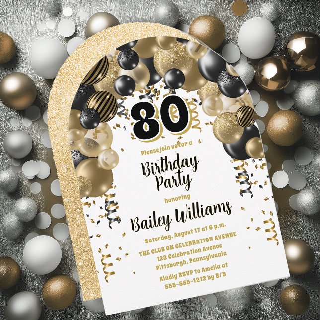 Convite Festa de aniversário dos Balões Dourados Pretos (Black, Gold Tone and White  Celebration Balloons "80" 80th Birthday Party Invitation - Print | Digi)