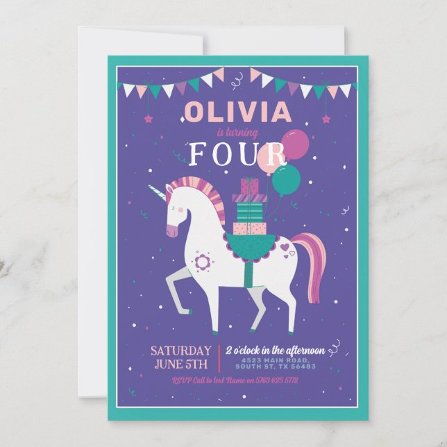 Convite Festa de aniversário dos Balões Unicórn Oferece Ro (Frente)