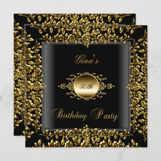 Convite Festa de aniversário Dourada Black Floral Womens 5 (Frente/Verso)