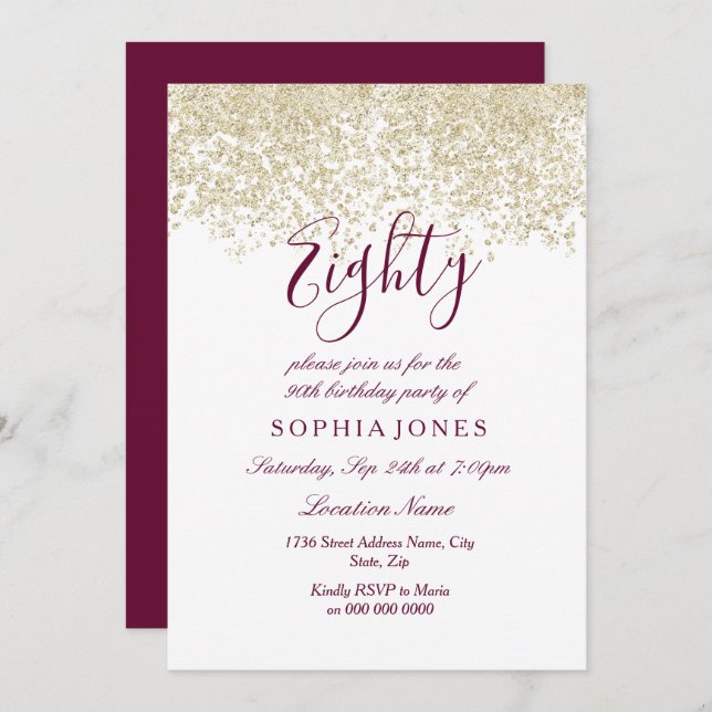 Convite festa de aniversário Dourada de 80 Burgundy Confet (Frente/Verso)