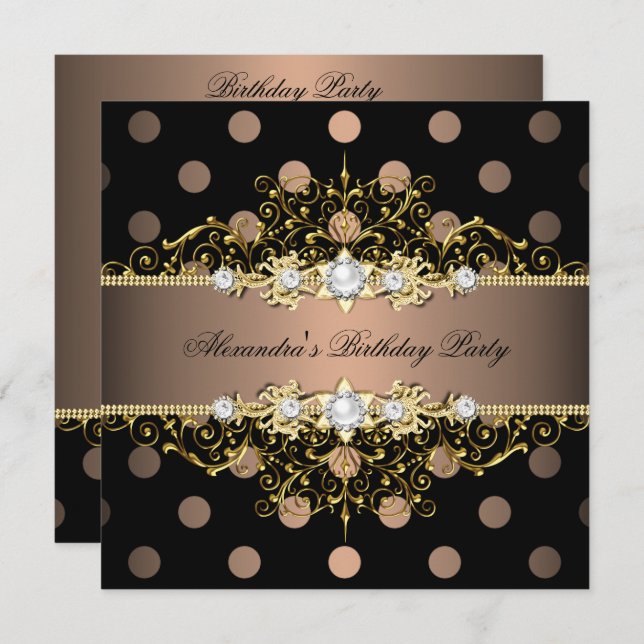 Convite Festa de aniversário Dourada de Bolinhas Preta do  (Frente/Verso)