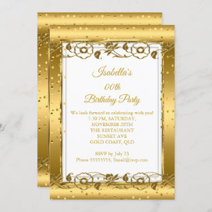 Convite Festa de aniversário Dourada de brilho branco da f
