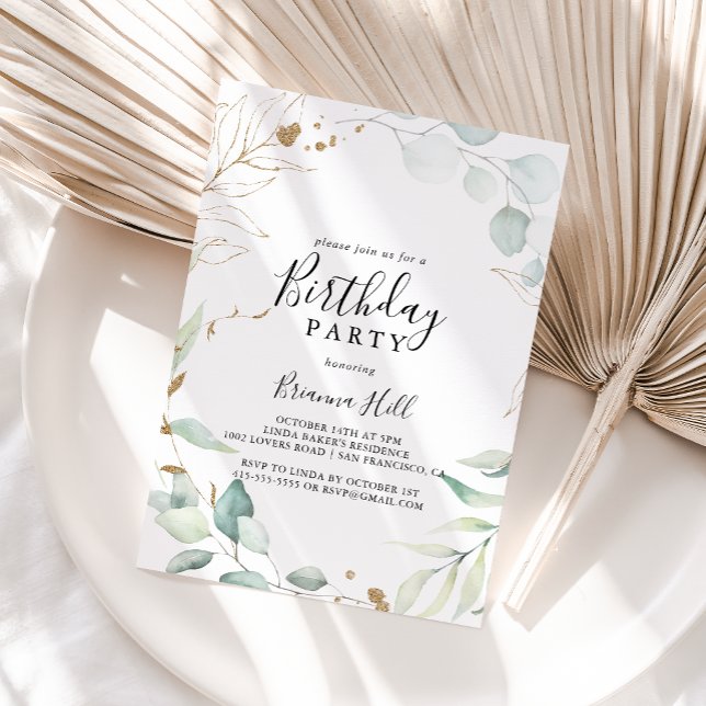 Convite Festa de aniversário Dourada de Caligrafia Eucalyp (Criador carregado)