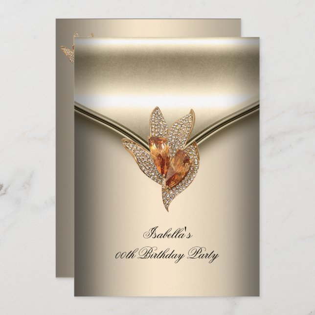 Convite Festa de aniversário Dourada de Caramel Beige Eleg (Frente/Verso)