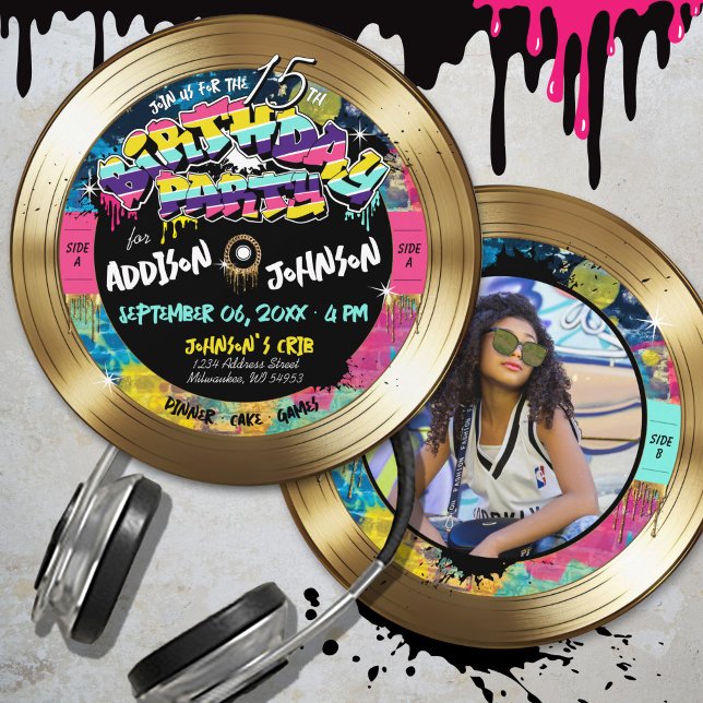 Convite Festa de aniversário Dourada de gravação de fotos  (Totally 80's graffiti music theme gold vinyl record black, hot pink photo birthday party invitation)
