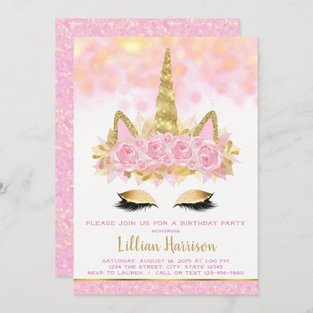 Convite Festa de aniversário Dourada de Unicórnio rosa (Frente/Verso)