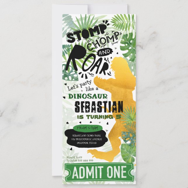 Convite festa de aniversário Dourada do dinossauro (Frente)