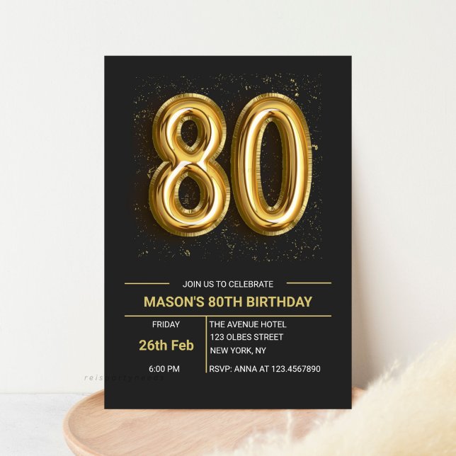 Convite Festa de aniversário Dourada Elegante Oitenta Pret (Editable 80th Birthday Invitation, Gold and Black, Elegant Eighty Invitation, Glitter Sparkle, 80 Ye)