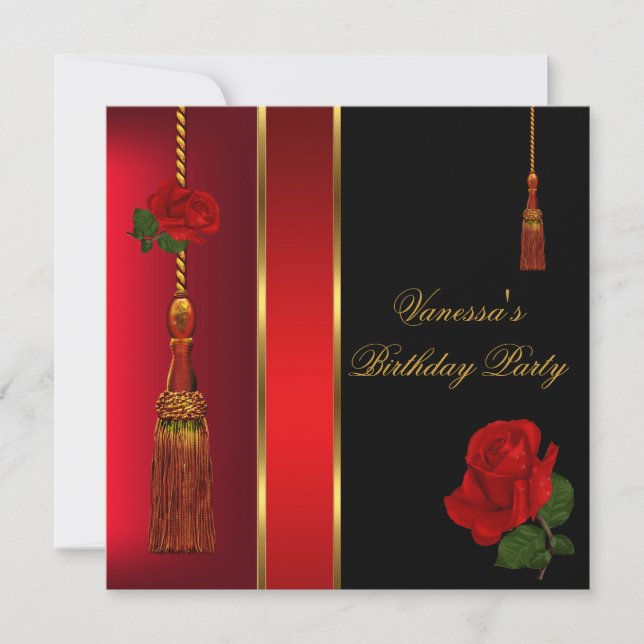 Convite Festa de aniversário Dourada Elegante Rosa vermelh (Frente)