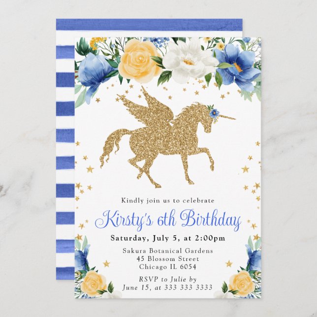 Convite Festa de aniversário Dourada Floral Amarelo Azul (Frente/Verso)
