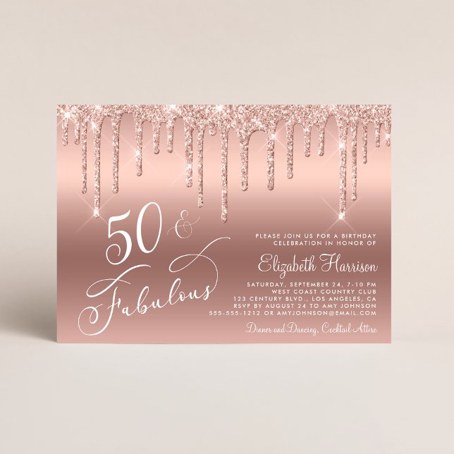 Convite Festa de aniversário Dourada Glitter 50ª rosa (Celebrate her 50 years of sparkle with an elegant rose gold glitter birthday party invitation  🎉 🎂)