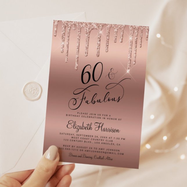 Convite Festa de aniversário Dourada Glitter 60ª rosa (Celebrate her 60 years of sparkle with an elegant rose gold glitter birthday party invitation  🎉 🎂)