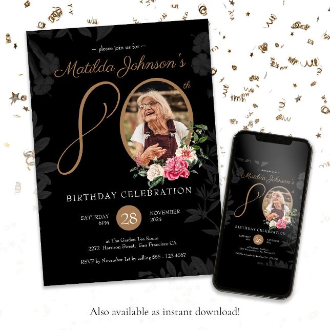 Convite Festa de aniversário Dourada preta (80th Birthday Black Gold Floral Custom Photo Invitation)