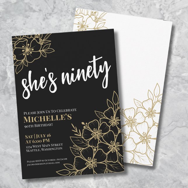 Convite Festa de aniversário Dourada preta (Elegant Ninety Black Gold 90th Birthday Party Invitation)