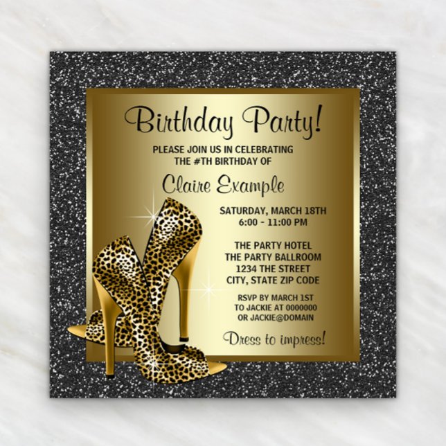 Convite Festa de aniversário Dourada Preta de Alavanca Alt (Black gold leopard shoe any occasion invitation. Instant download & printed invitations available.)