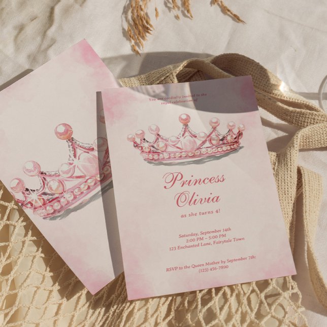 Convite Festa de aniversário Dourada princesa cor-de-rosa (Fairytale Princess Crown Birthday Invite)