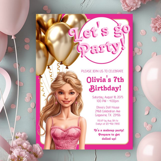 Convite Festa de aniversário Dourada rosa de boneca de mod (Cute pink fashion doll any number birthday party invitation.)